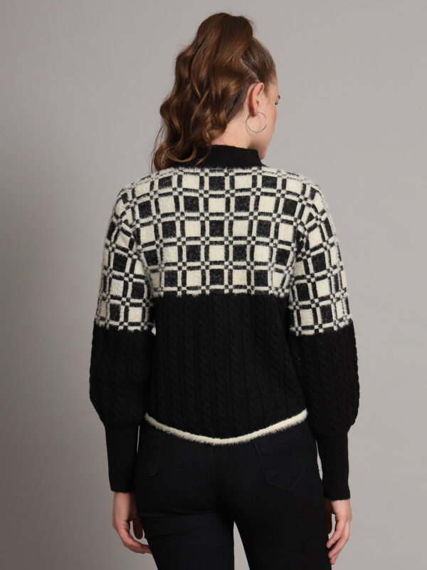 Women's black and ivory geometric Nordic cable knit short-length winter sweater top with ribbed high neck, buttons, and balloon sleeves