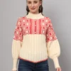 Women's cream and coral check cable knit mid-length winter sweater top with high neck and balloon sleeves