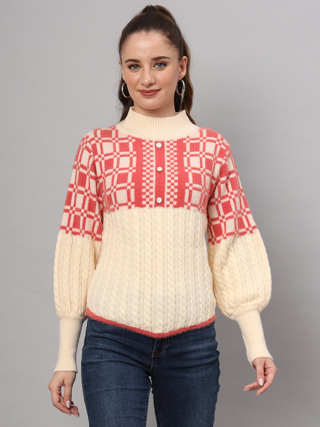 Women's cream and coral check cable knit mid-length winter sweater top with high neck and balloon sleeves