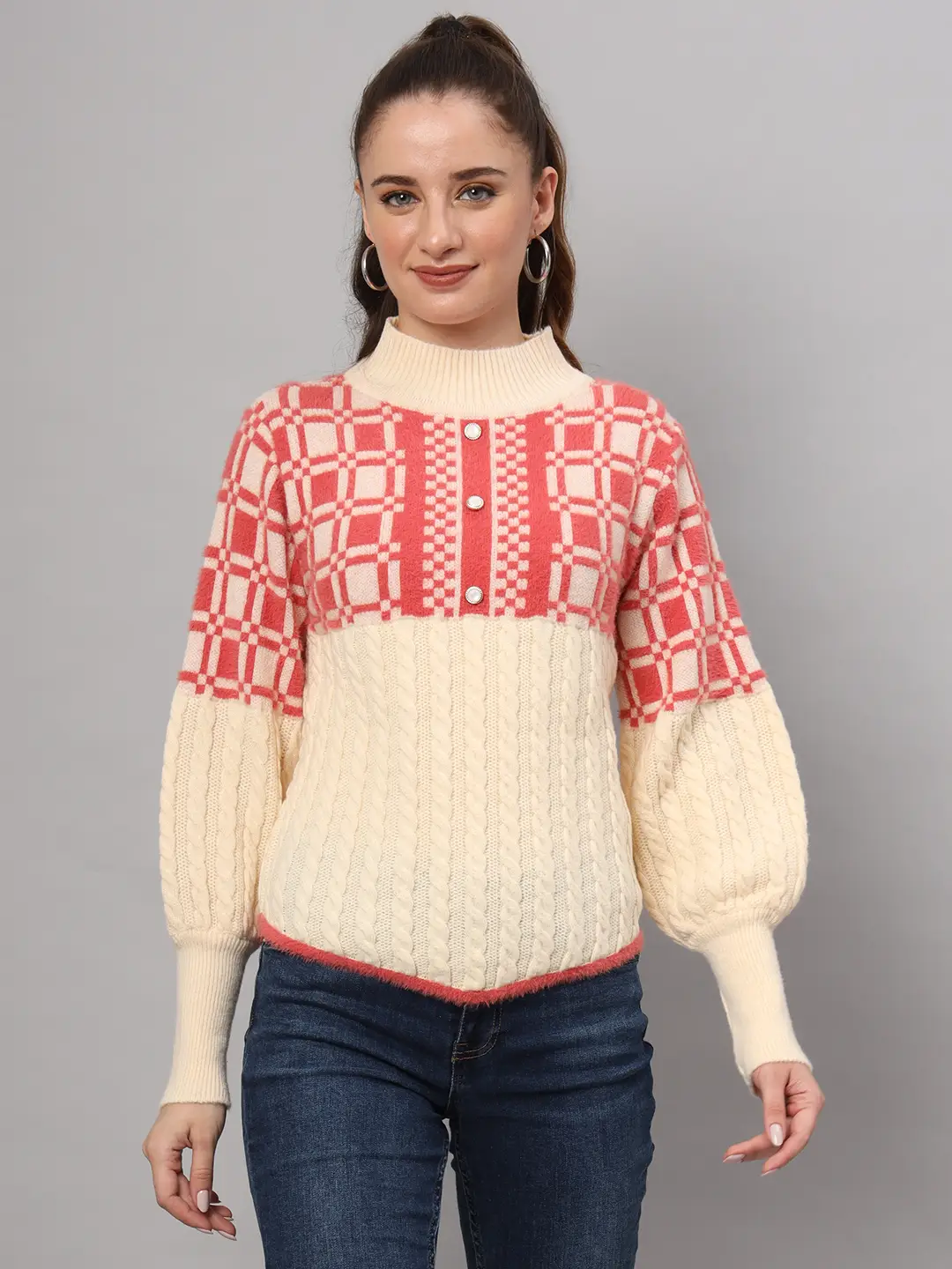 Women's cream and coral check cable knit mid-length winter sweater top with high neck and balloon sleeves