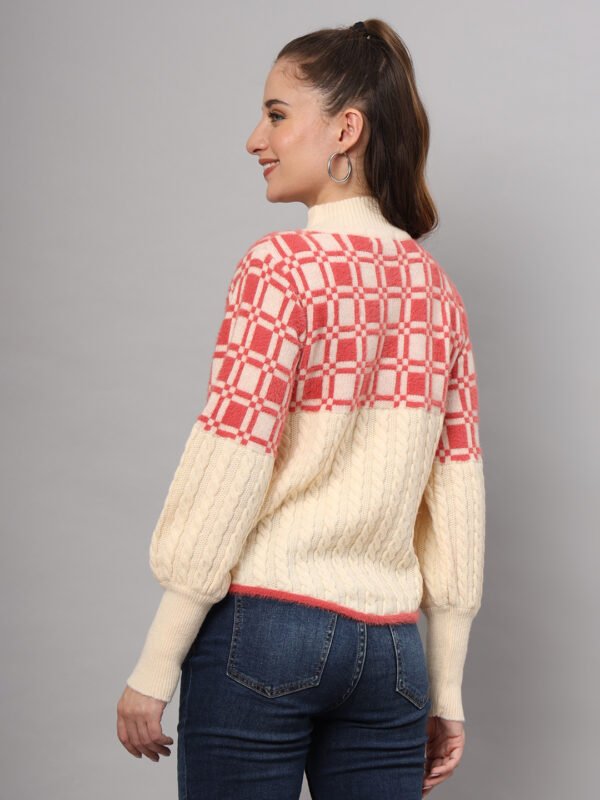 Cream & Coral Knit Mid-Length Winter Sweater Top