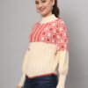 Cream & Coral Knit Mid-Length Winter Sweater Top