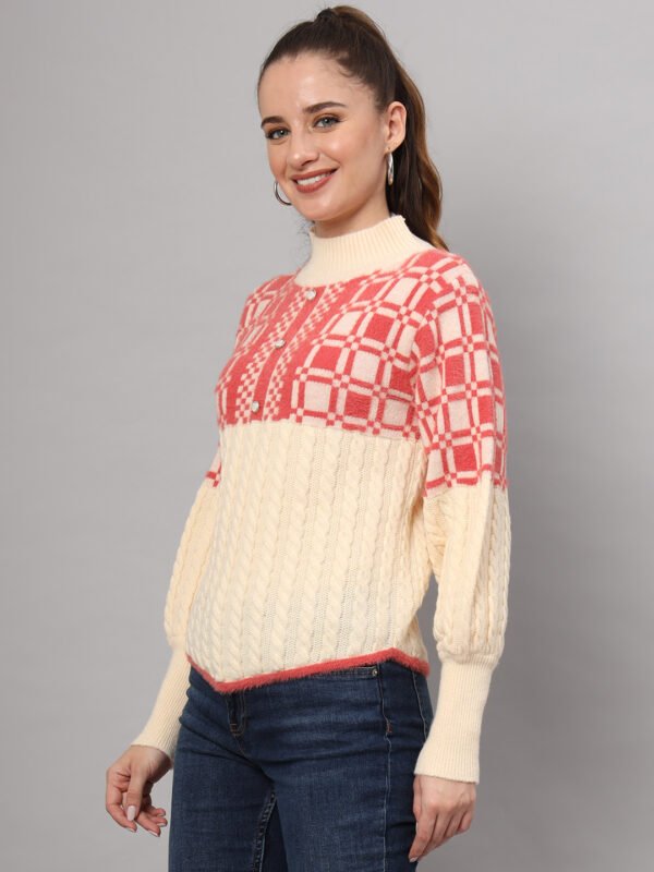 Cream & Coral Knit Mid-Length Winter Sweater Top