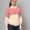 Cream & Coral Knit Mid-Length Winter Sweater Top