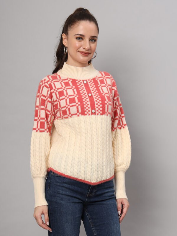 Cream & Coral Knit Mid-Length Winter Sweater Top