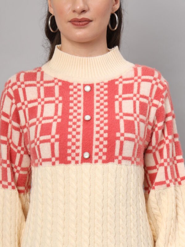 Cream & Coral Knit Mid-Length Winter Sweater Top
