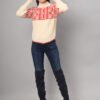 Women's cream and coral check cable knit mid-length winter sweater top with high neck and balloon sleeves