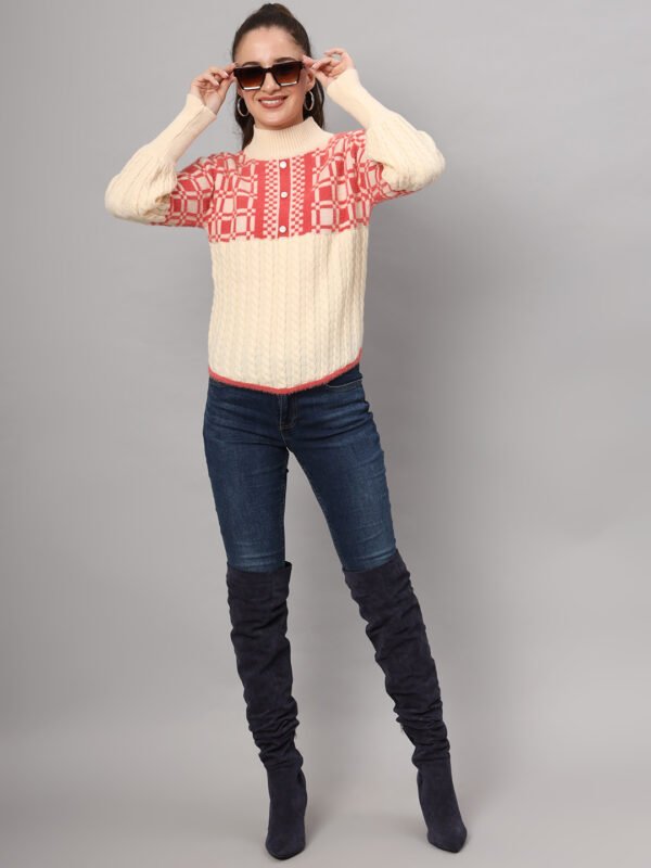 Women's cream and coral check cable knit mid-length winter sweater top with high neck and balloon sleeves