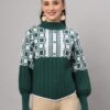 Women's dark green and white check cable knit mid-length winter sweater top with high neck and balloon sleeves