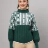 Women's dark green and white check cable knit mid-length winter sweater top with high neck and balloon sleeves Women's dark green and white check cable knit mid-length winter sweater top with high neck and balloon sleeves