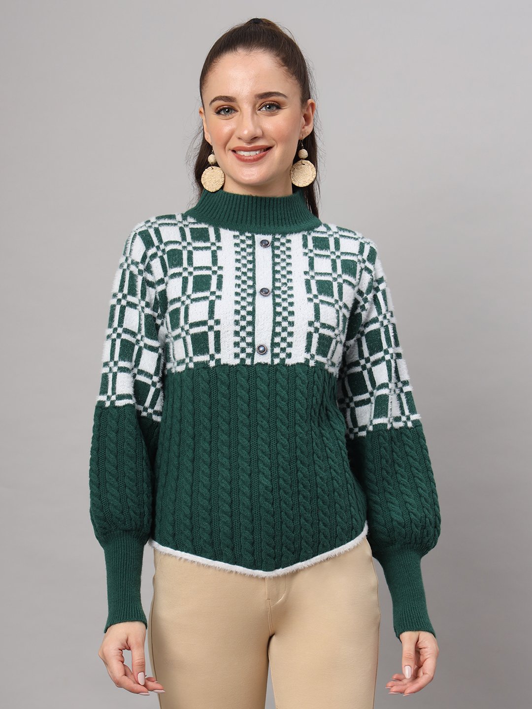 Women's dark green and white check cable knit mid-length winter sweater top with high neck and balloon sleeves