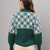 Dark Green & White Knit Mid-Length Winter Sweater Top