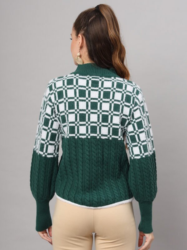 Dark Green & White Knit Mid-Length Winter Sweater Top