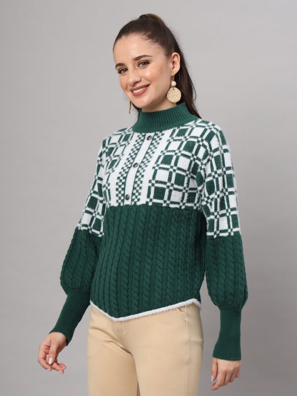 Dark Green & White Knit Mid-Length Winter Sweater Top