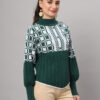Dark Green & White Knit Mid-Length Winter Sweater Top