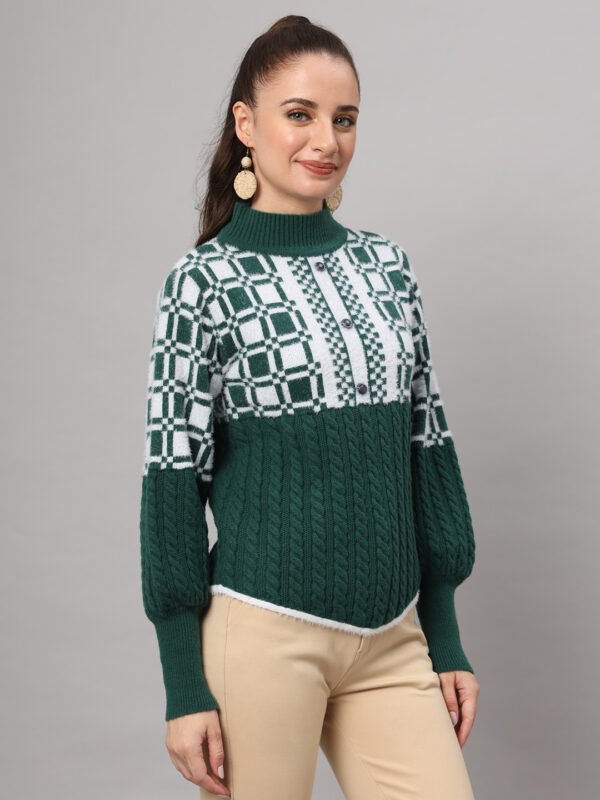 Dark Green & White Knit Mid-Length Winter Sweater Top