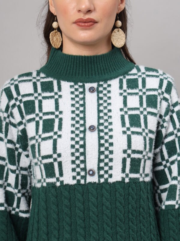 Dark Green & White Knit Mid-Length Winter Sweater Top