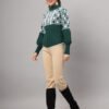 Women's dark green and white check cable knit mid-length winter sweater top with high neck and balloon sleeves