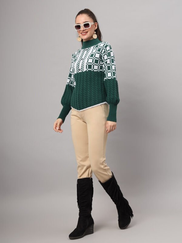 Women's dark green and white check cable knit mid-length winter sweater top with high neck and balloon sleeves