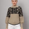Women's light camel and black checkered cable knit mid-length winter sweater top with high neck and balloon sleeves
