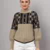Women's light camel and black checkered cable knit mid-length winter sweater top with high neck and balloon sleeves