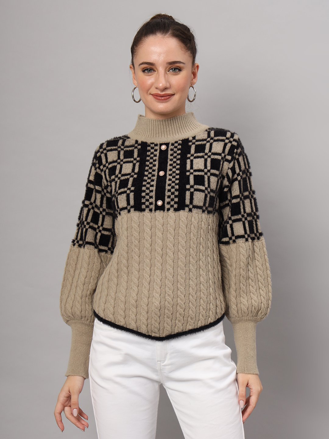 Women's light camel and black checkered cable knit mid-length winter sweater top with high neck and balloon sleeves
