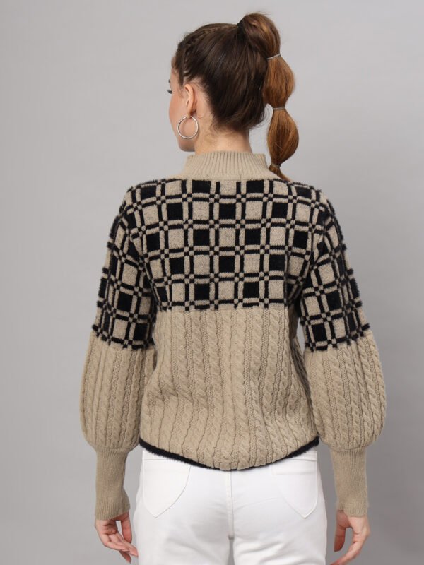 Light Camel & Black Knit Mid-Length Winter Sweater Top