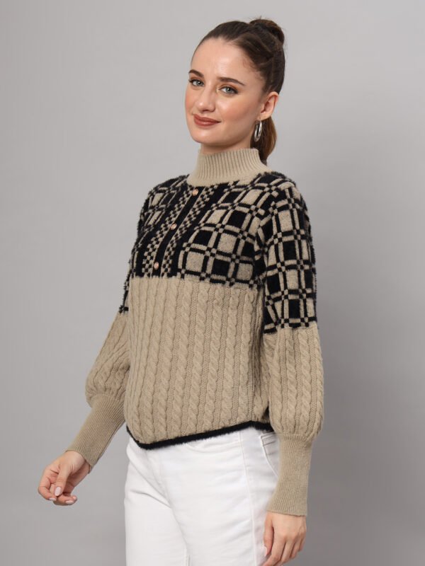 Light Camel & Black Knit Mid-Length Winter Sweater Top