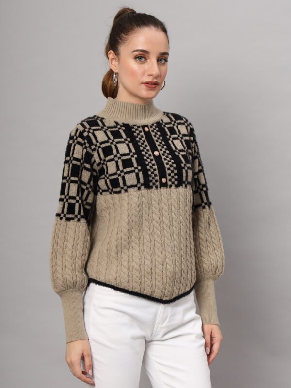 Light Camel & Black Knit Mid-Length Winter Sweater Top