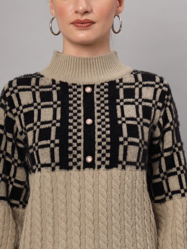 Light Camel & Black Knit Mid-Length Winter Sweater Top