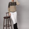Women's light camel and black checkered cable knit mid-length winter sweater top with high neck and balloon sleeves