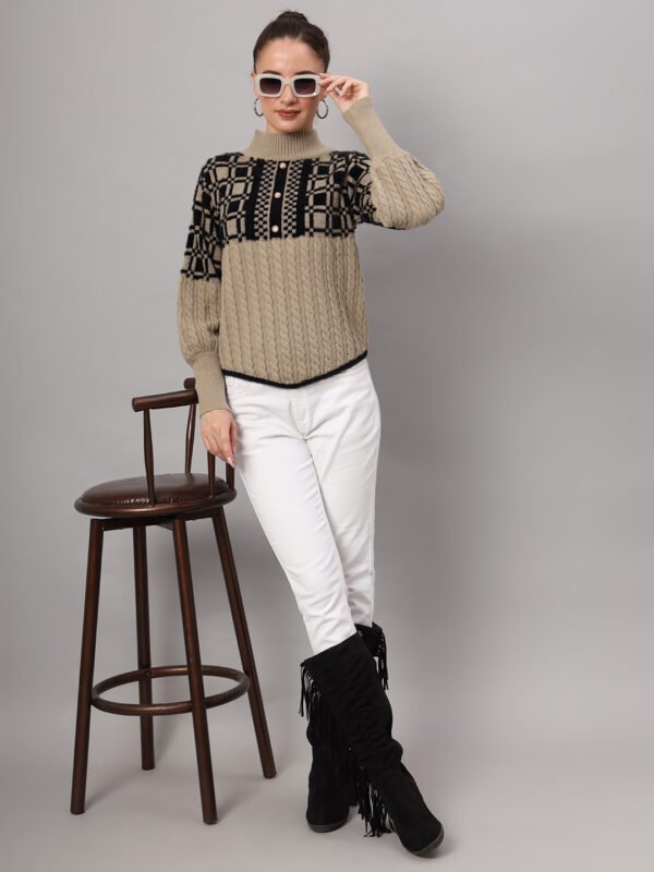 Women's light camel and black checkered cable knit mid-length winter sweater top with high neck and balloon sleeves