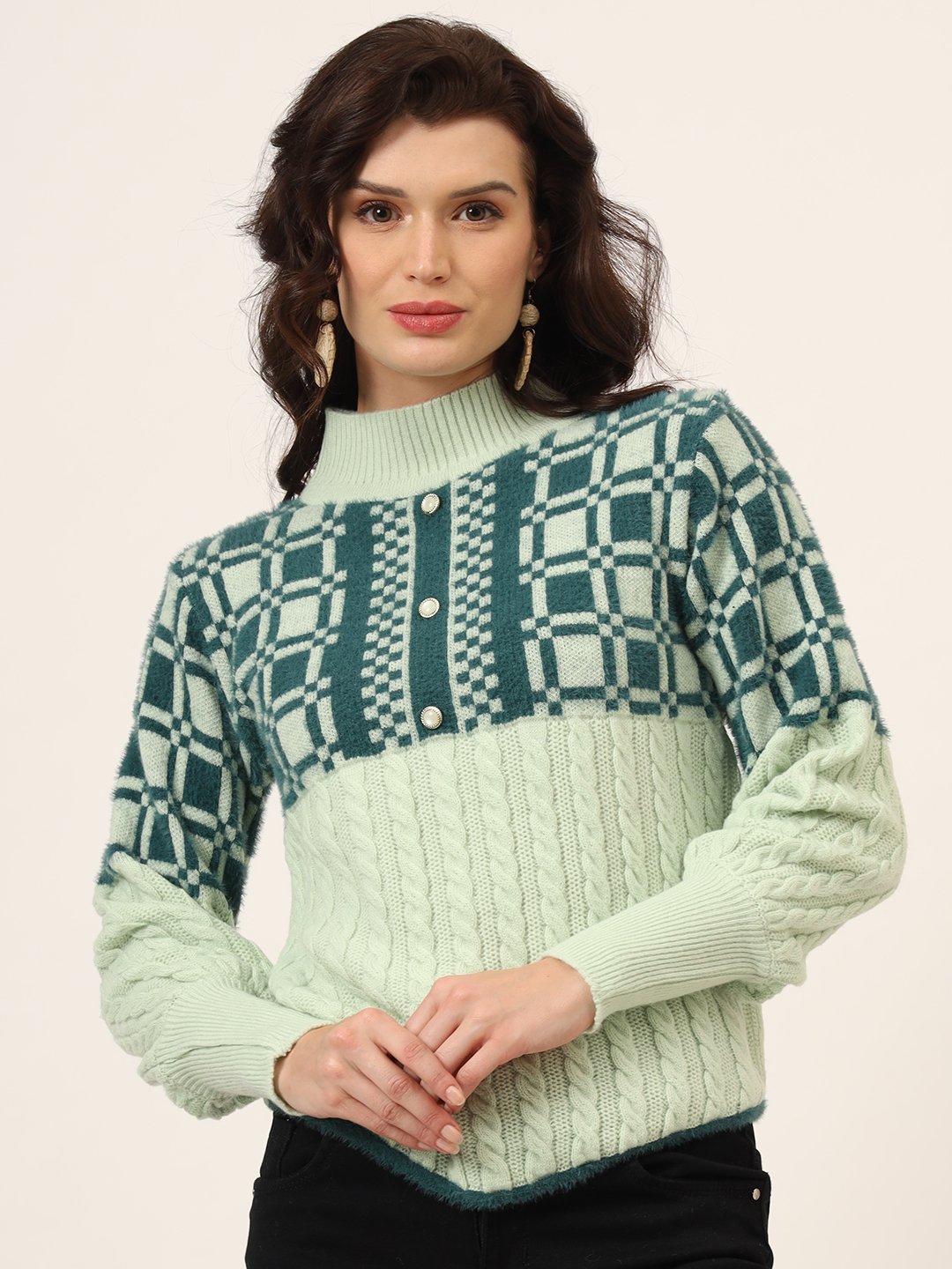 Women's pistachio and teal geometric cable knit short-length winter sweater top with ribbed high neck, pearl button detail, and balloon sleeves