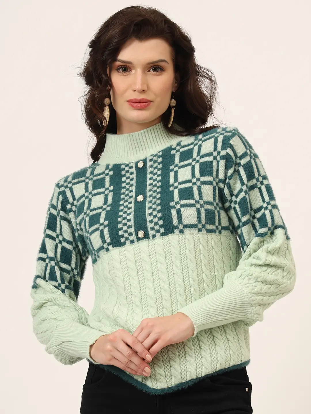 Women's pistachio and teal geometric cable knit short-length winter sweater top with ribbed high neck, pearl button detail, and balloon sleeves
