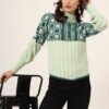 Women's pistachio and teal geometric cable knit short-length winter sweater top with ribbed high neck, pearl button detail, and balloon sleeves