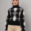 Elevate your winter fashion with this women’s black and white geometric ruffled high-neck mid-length sweater top. Featuring bold patterns, delicate ruffle accents, and plush knit warmth, this chic silhouette pairs effortlessly with pants or skirts for a standout seasonal ensemble. Perfect for adding a touch of modern elegance to your cold-weather collection.