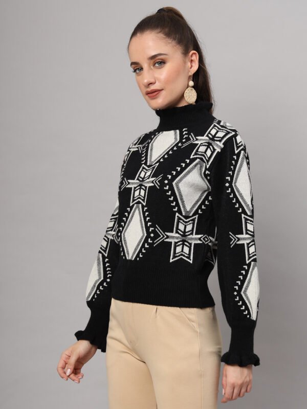 Black & White High-Neck Short-Length Winter Sweater Top