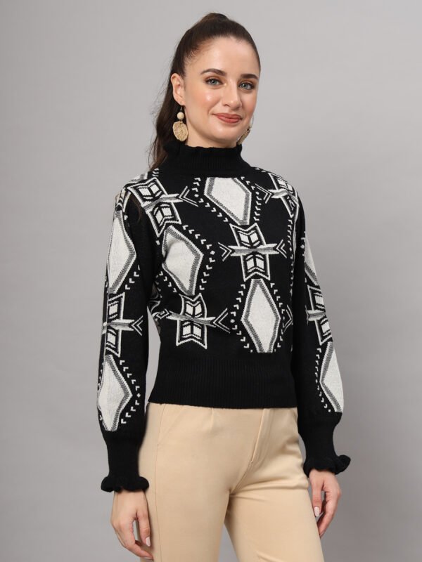 Black & White High-Neck Short-Length Winter Sweater Top