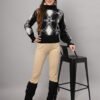 Women's black and white geometric ruffled high-neck mid-length winter sweater top