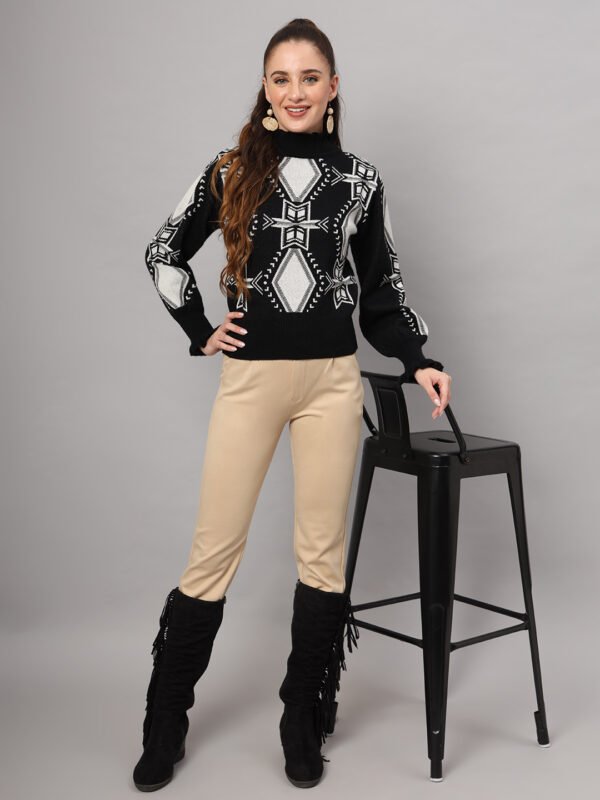 Women's black and white geometric ruffled high-neck mid-length winter sweater top