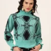 Women's aqua green and black geometric ruffle high-neck mid-length winter sweater top