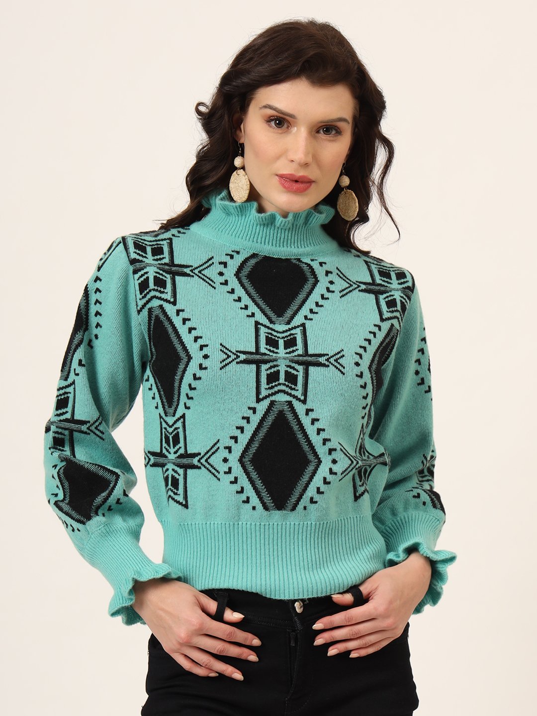Women's aqua green and black geometric ruffle high-neck mid-length winter sweater top