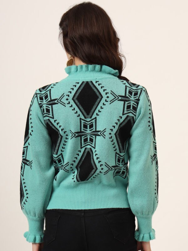Aqua Green & Black High-Neck Short-Length Winter Sweater Top
