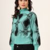 Aqua Green & Black High-Neck Short-Length Winter Sweater Top