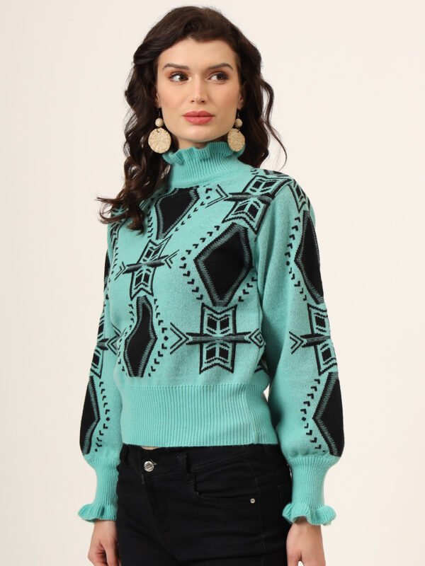Aqua Green & Black High-Neck Short-Length Winter Sweater Top