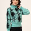 Aqua Green & Black High-Neck Short-Length Winter Sweater Top