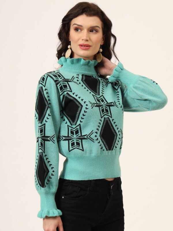 Aqua Green & Black High-Neck Short-Length Winter Sweater Top