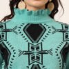 Aqua Green & Black High-Neck Short-Length Winter Sweater Top