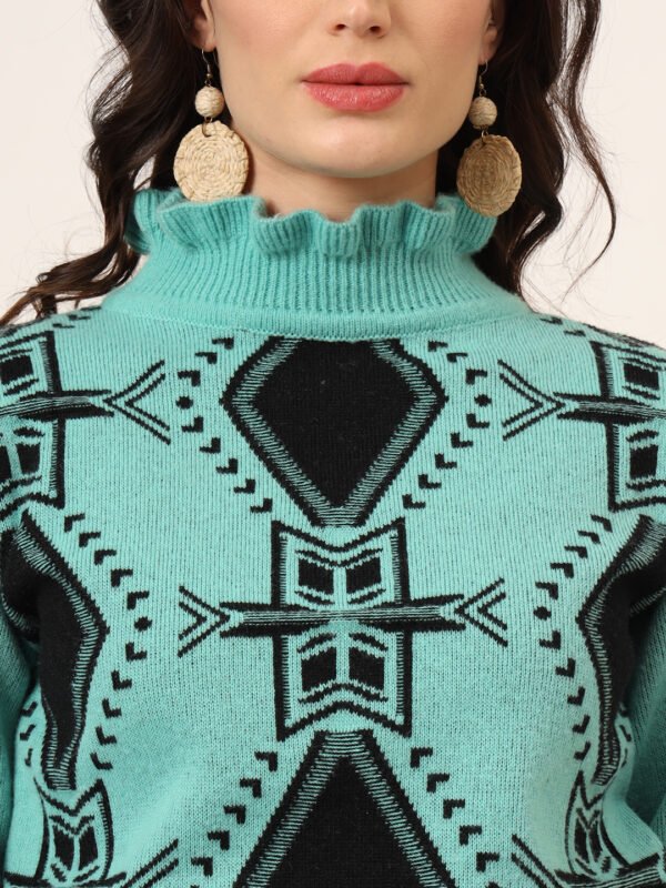 Aqua Green & Black High-Neck Short-Length Winter Sweater Top