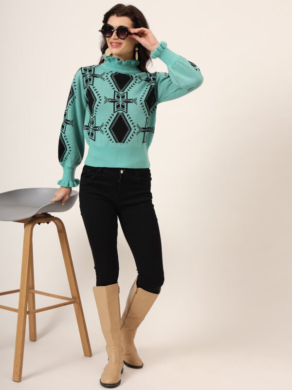 Aqua Green & Black High-Neck Short-Length Winter Sweater Top